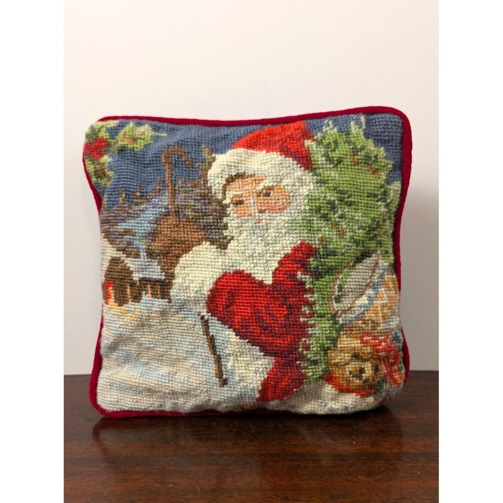 Vintage Wool Needlepoint Santa Christmas Pillow 10x10 Velvet Back Holiday Decor